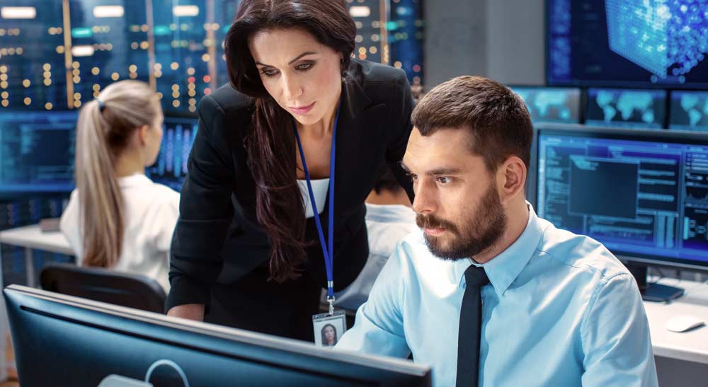 Engineers looking at computer