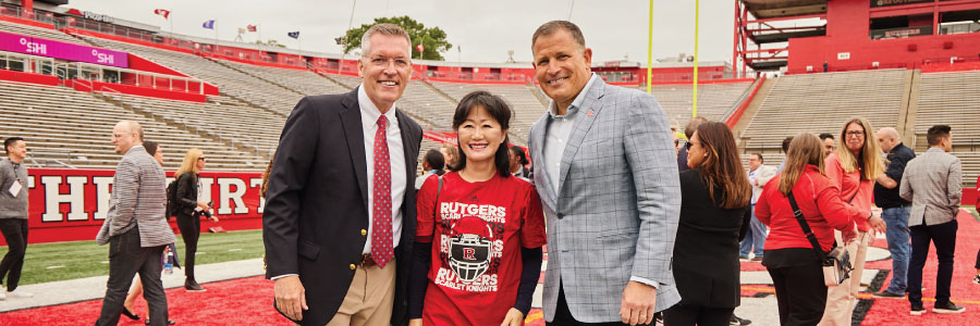 Rutgers Director of Intercollegiate Athletics, Pat Hobbs, SHI President and CEO, Thai Lee and Rutgers Head Football Coach Greg Schiano during the Exec-to-Exec Partner Conference at SHI Stadium in May, 2022.