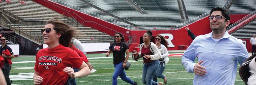SHI's Scarlet Knight alumni run the 40 at SHI Stadium.