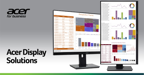 Acer Display Solutions advertisement featuring two Acer monitors displaying colorful business data graphs and charts.