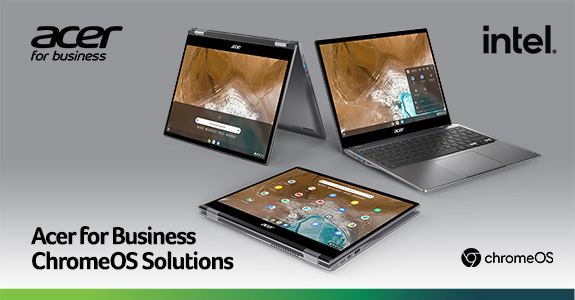 A promotional image showcasing three Acer ChromeOS laptops for business, displayed in different orientations, with the Acer and Intel logos visible.