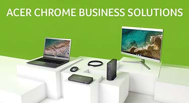 Acer Chrome Business Solutions, featuring a laptop and a desktop computer displayed on a modern white desk against a green background.
