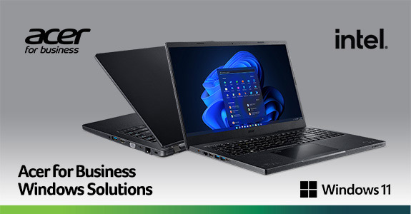 Acer for Business laptop showcasing Windows 11 interface, with logos of Acer, Intel, and Windows 11.