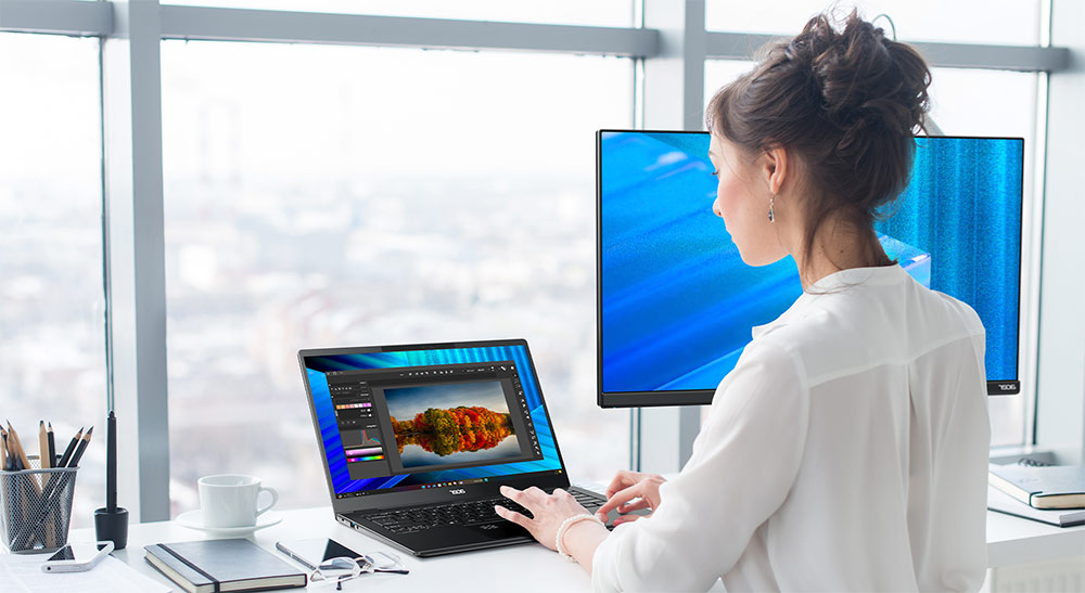 Coworkers looking at two desktop screens