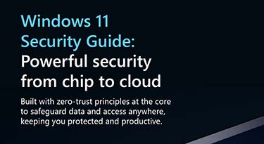 Windows 11 Security Guide advertisement with text describing powerful security from chip to cloud.