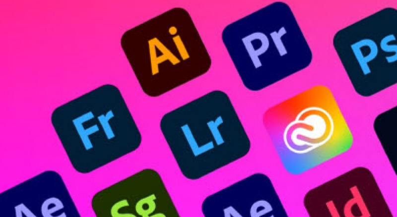 Colorful Adobe software icons on a gradient background