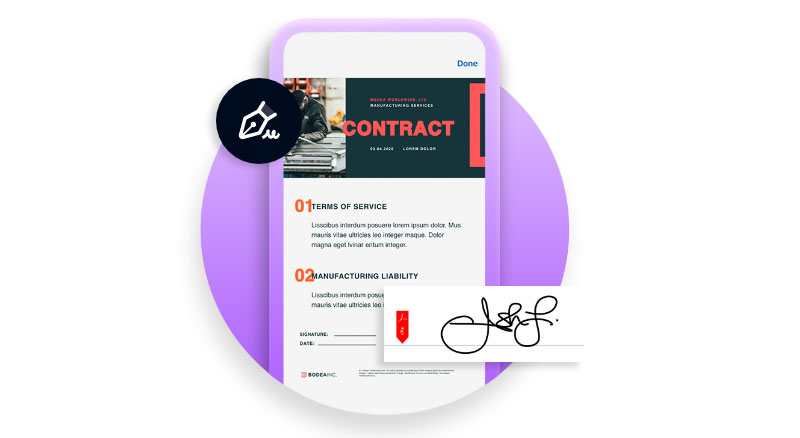 A digital illustration of a contract document on a tablet screen with signature lines at the bottom, indicating a completed agreement process