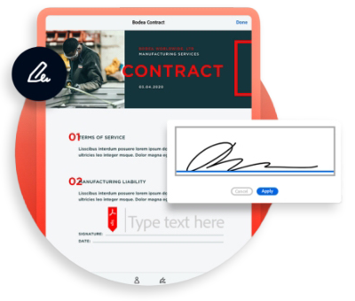 Graphic of a digital signature being applied to an electronic contract document on a computer interface, with a prompt window open for confirmation