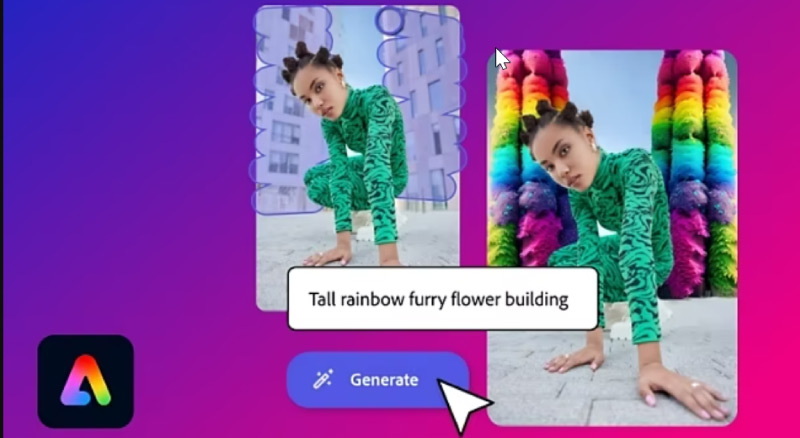 Screenshot of an app interface with a 'Generate' button, text 'Tall rainbow furry flower building,' and images of a person in a green outfit and a colorful furry flower structure.