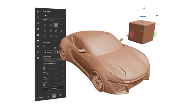 A 3D modeling software interface displaying a clay model of a car with various editing tools and parameters on the left, and a transformation widget on a separate object to the right