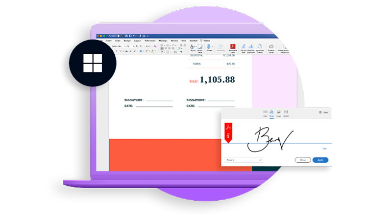 A graphic of a digital invoice, featuring two signature fields and a stylized digital signature pop-up window