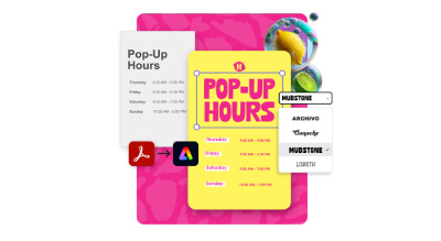A colorful digital flyer with text detailing ‘Pop-Up Hours’ for a location, featuring vibrant pink and yellow backgrounds, abstract shapes, and icons for Adobe software