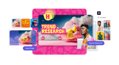 Vibrant graphic design collage with text ‘TREND RESEARCH,’ icons, and colorful abstract backgrounds.