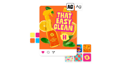 A colorful digital advertisement for a cleaning product with the slogan ‘That Easy Clean,’ featuring elements of a spray bottle, leaves, and oranges