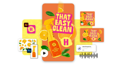 A collection of vibrant, citrus-themed graphic design elements for the ‘That Easy Clean’ brand, including logos, icons, and video mock-ups.