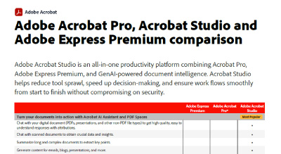 Adobe Acrobat Pro, Acrobat Studio, Adobe Express Premium comparison thumbnail