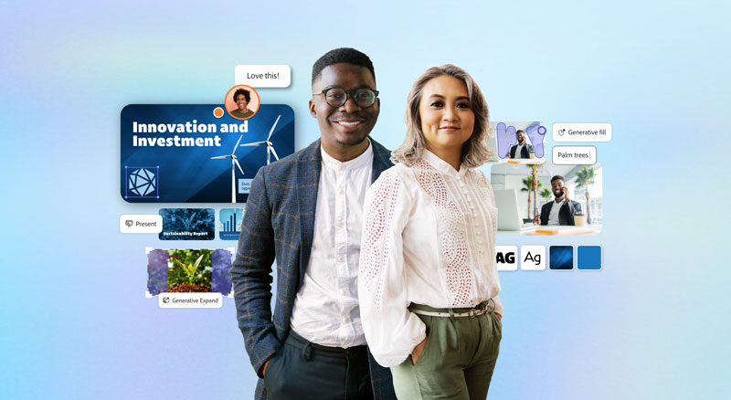 Two individuals standing side by side against a vibrant blue background, displaying Adobe digital features