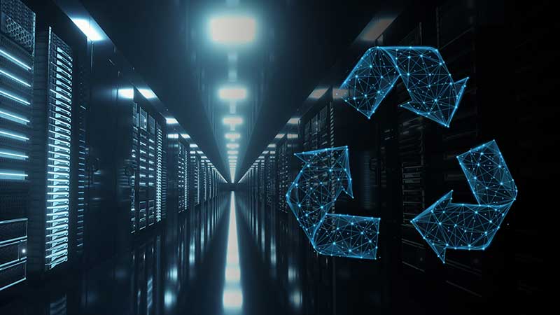 A digital image of a data center with rows of servers illuminated by blue lights, and a glowing, blue, polygonal recycling symbol on the right.