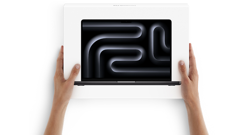 Hands holding an open white box containing a laptop with a black screen displaying abstract curved neon lines