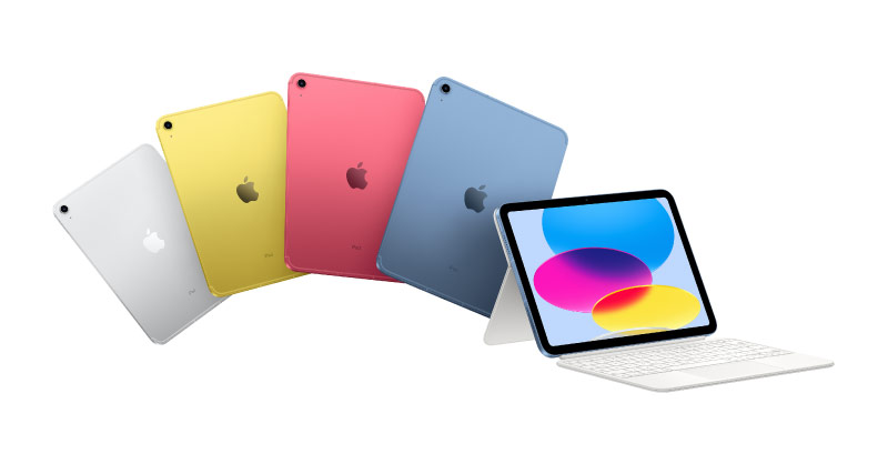 Ipad Lineup - Gray, yellow, pink, blue, front of ipad left to right