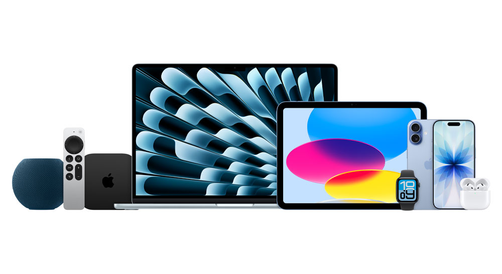 Four tablet devices of varying sizes are displayed standing upright side by side, each showing a colorful screen