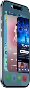 iPhone Air, front exterior, side exterior, thin profile, Dynamic Island centered near top, App Switcher feature in use, buttons: Action, volume