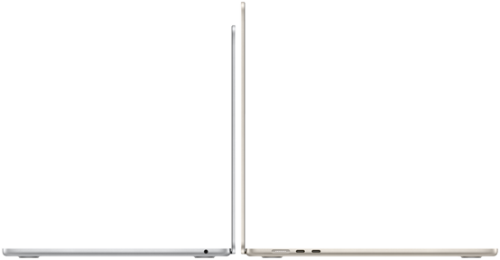 Side view of 13-inch and 15-inch models of MacBook Air in Silver and Starlight, open and back-to-back