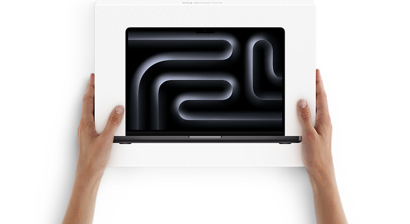 Hands holding an open white box containing a laptop with a black screen displaying abstract curved neon lines