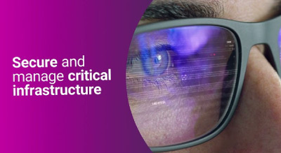 Close-up of a person’s glasses reflecting data on a screen, with text that reads Secure and manage critical infrastructure on a purple background