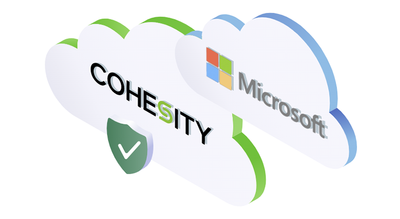An illustration depicting two clouds connected with a dashed line, symbolizing interaction between Microsoft 365 and Cohesity data protection