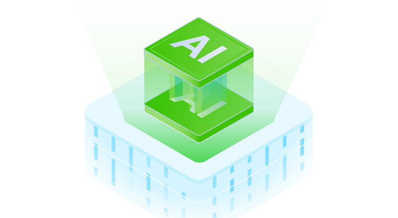 Green 3d transparent cube with the letters AI on top, Exploring the benefits of secure ai ready date ebook thumbnail
