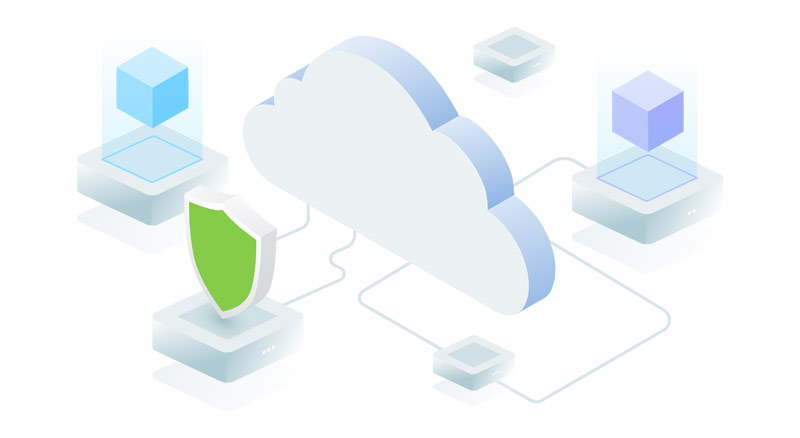 3d illustration of a cloud connected to different servers represented by a green shield, a blue cube and a purple cube