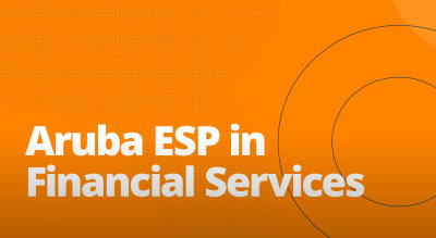 Aruba ESP in Financial Services text on an orange background with circular patterns.