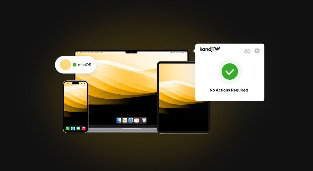 Apple products on display showing notifications with the Kandji logo