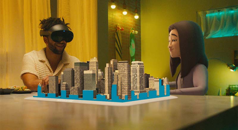 Male with virtual reality headset looking at virtual woman and virtual city on table