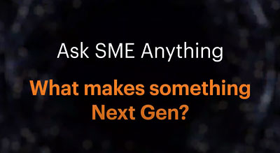 Orange text that reads 'What makes something Next Gen?' on a black background