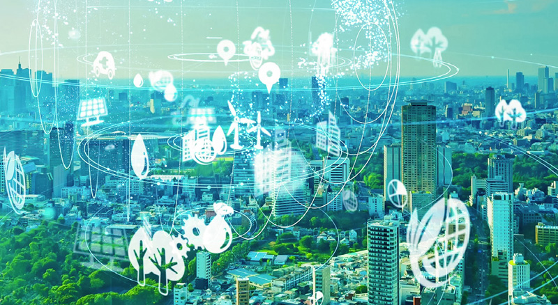 A digital composite of a cityscape overlaid with graphical icons representing ecological and technological concepts, symbolizing sustainable technology