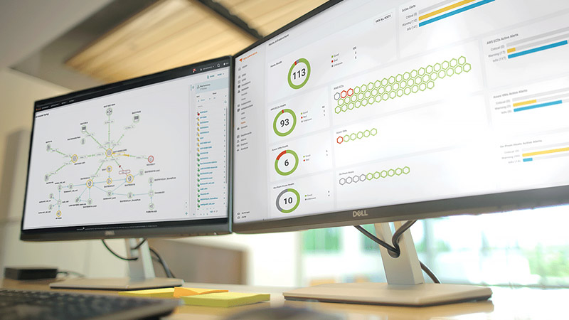 Two desktop monitors displaying dashboard