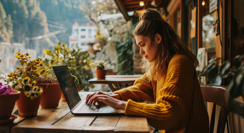 A person in a yellow sweater working on a laptop at a wooden table near a window with a view of houses on a hillside.