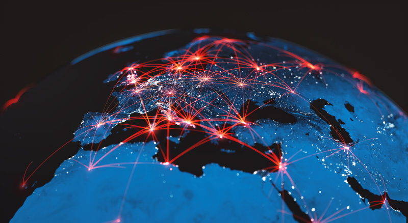 A digital representation of Earth, with lines connecting various points, symbolizing global connectivity