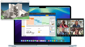 Plusieurs écrans montrent qu’il est facile d’utiliser plusieurs apps à la fois, comme des pages web dans Safari, un appel vidéo dans Zoom et un fichier dans SketchUp, sur un MacBook Air