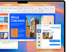 Depuis l’app Messages, une photo est insérée dans un rapport Microsoft Word ouvert sur un MacBook Air 13 pouces, illustrant le design intuitif du Mac et sa ressemblance avec l’iPhone
