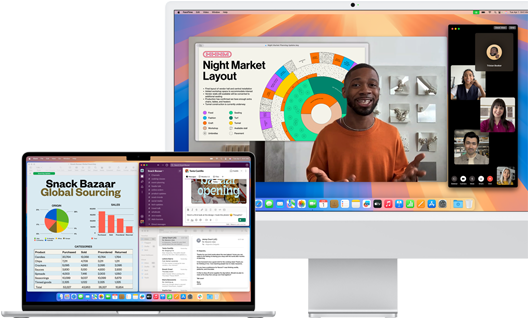 Un MacBook Air 15 pouces argent ouvert avec les apps Mail, Numbers et Slack en cours d’utilisation, à côté d’un iMac 24 pouces affichant une personne qui donne une présentation Keynote sur FaceTime