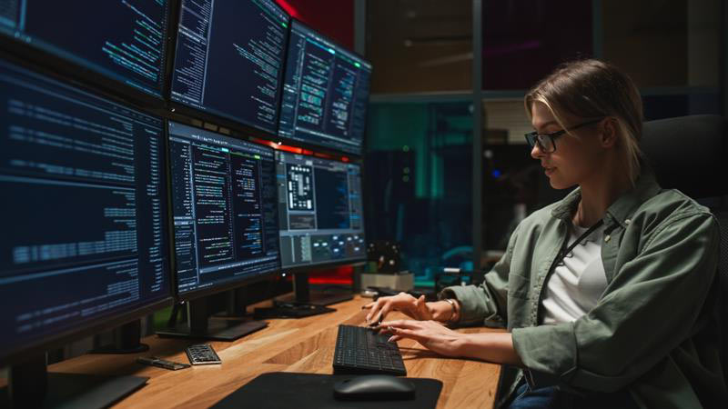 An employee reviews it securtiy assessments on tablet and desktop