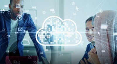 People in a meeting with cloud icon overlayed