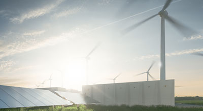 Windmills and solar panels outside of city