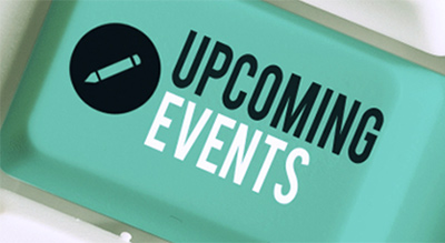 A digital sign displaying 'UPCOMING EVENTS' with a microphone icon.