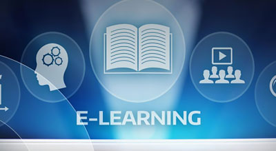 icons of a book, classroom, and someone thinking above the words e-learning