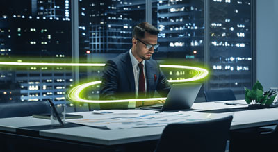 Man  uses desk at computer surrounded by a holographic swirl