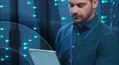 Man uses digital table in server room